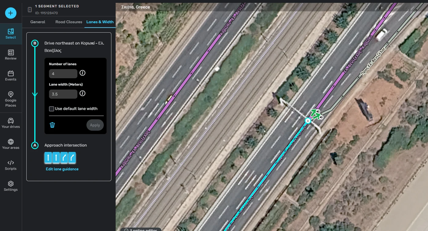 Πάνελ Lanes and Width του WME με αριθμό λωρίδων, πλάτος λωρίδας και καθοδήγηση λωρίδων