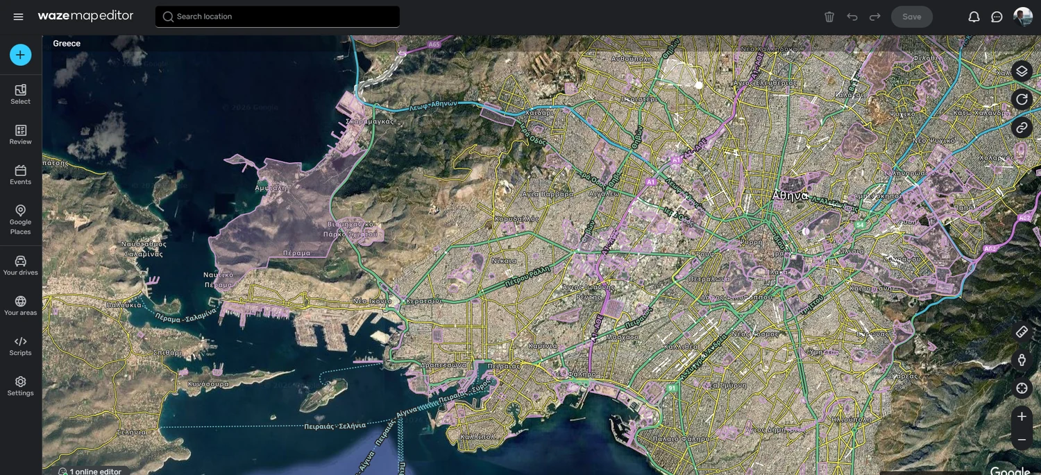 Πλήρης εικόνα του Waze Map Editor με γραμμή εργαλείων, χάρτη και πλευρικό μενού
